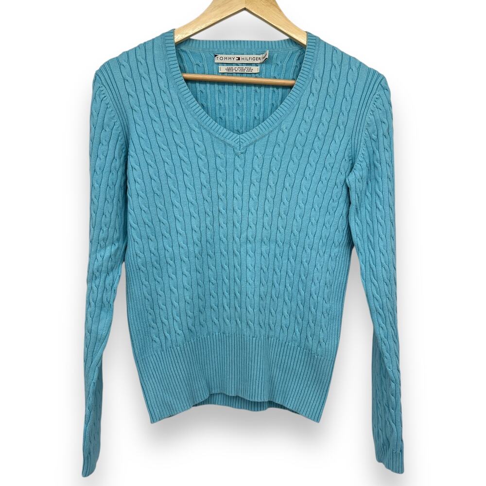 Vintage Tommy Hilfiger Cable Knit Light Blue Long Sleeve V Neck Sweatshirt XS